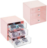 mDesign Stackable Plastic Eye Glass Storage Organizer Box Holder for Sunglasses, Reading Glasses, Accessories - 3 Divided Drawers, Chrome Pulls, 2 Pack - Mint Green/Clear