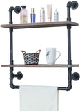 Industrial Bathroom Shelves Wall Mounted 2 Tiered,Rustic 24in Pipe Shelving Wood Shelf with Towel Bar,Farmhouse Towel Rack,Metal Floating Shelves Towel Holder,Iron Distressed Shelf Over Toilet