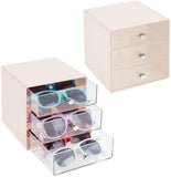 mDesign Stackable Plastic Eye Glass Storage Organizer Box Holder for Sunglasses, Reading Glasses, Accessories - 3 Divided Drawers, Chrome Pulls, 2 Pack - Mint Green/Clear