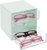 mDesign Stackable Plastic Eye Glass Storage Organizer Box Holder for Sunglasses, Reading Glasses, Accessories - 3 Divided Drawers, Chrome Pulls, 2 Pack - Mint Green/Clear