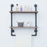 Industrial Bathroom Shelves Wall Mounted 2 Tiered,Rustic 24in Pipe Shelving Wood Shelf with Towel Bar,Farmhouse Towel Rack,Metal Floating Shelves Towel Holder,Iron Distressed Shelf Over Toilet