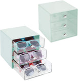 mDesign Stackable Plastic Eye Glass Storage Organizer Box Holder for Sunglasses, Reading Glasses, Accessories - 3 Divided Drawers, Chrome Pulls, 2 Pack - Mint Green/Clear