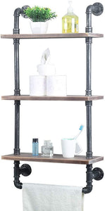 Industrial Bathroom Shelves Wall Mounted 2 Tiered,Rustic 19.68in Pipe Shelving Wood Shelf with Towel Bar,Farmhouse Towel Rack,Metal Floating Shelves Towel Holder,Iron Distressed Shelf Over Toile