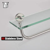 JQK Bathroom Glass Shelf, Shelf with 16 Inch Towel Bar Tempered Glass Shower Storage 16 by 5 inches, 304 Stainless Steel Brushed Finish Wall Mount, TGS100-BN