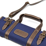 One Selva Professional Knife Bag - 17 Slots - Canvas + Blue & Brown Faux Leather - Handles + Carrying Strap - Extra Personal Pocket- Chef Utensil Holder - Travel Roll Bag Only - Kitchen Organizer