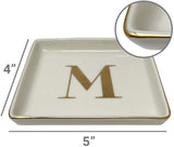 Jewelry Tray Ring Dish with Initial Gift | Personalized Jewelry Dish and Trinket Dish with Gold Initials Key Bowl Ceramic Holder (Letter M)