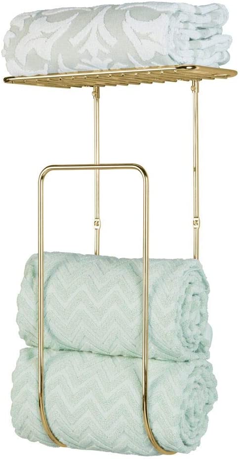 mDesign Modern Decorative Metal Wall Mount Towel Rack Holder and Organizer for Storage of Bathroom Towels, Washcloths, Hand Towels - Soft Brass/Gold