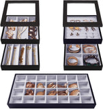 Viefin Velvet Stackable Jewelry Tray, Earring Drawer Insert Display Show Case, Dresser Organizer for Ring Stud, Necklace Holder Storage Box Chest,Grey 4 in 1(without lid)