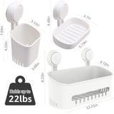 Shower Caddy, Toothbrush holder & Soap Dish Suction Cup Pack of 3 Wall Mounted Shower Caddy Organizer NO Drilling Removable Bathroom Organizer Suction Cup Waterproof for Bathroom & Kitchen - White