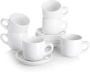 Teocera Porcelain Cappuccino Cups with Saucers - 6 Ounce for Coffee Drinks, Latte, Cafe Mocha and Tea - Set of 6, White