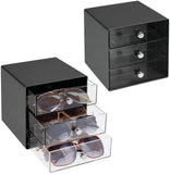 mDesign Stackable Plastic Eye Glass Storage Organizer Box Holder for Sunglasses, Reading Glasses, Accessories - 3 Divided Drawers, Chrome Pulls, 2 Pack - Mint Green/Clear