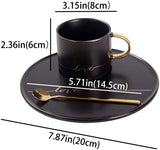 TJ Gobal Porcelain Coffee Mug, Tea Cup with Saucer and Golden Spoon with Gold Scripted Love and Trim for Espresso, Hot Chocolate, Cappuccino, and Latte, 8 Oz. (Black)