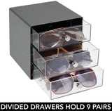 mDesign Stackable Plastic Eye Glass Storage Organizer Box Holder for Sunglasses, Reading Glasses, Accessories - 3 Divided Drawers, Chrome Pulls - Charcoal Gray/Clear