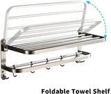 ELLO&ALLO Stainless Steel Rack Shelf for Bathroom, Double Towel Bar Holder with Hooks Wall Mounted Multifunctional Foldable Brushed Nickel, Burshed