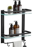 BESy Heavy Duty Lavatory Glass Bathroom Shelf, 2 Tier Tempered Glass Shower Shelves with Towel Bar Wall Mounted, Shower Storage 15 by 5 inches, Matte Black Finish/Aluminum