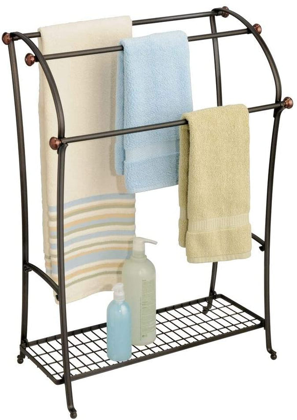 mDesign Large Freestanding Towel Rack Holder with Storage Shelf - 3 Tier Metal Organizer for Bath & Hand Towels, Washcloths, Bathroom Accessories - Bronze/Warm Brown