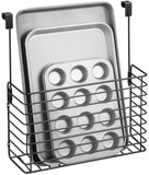 mDesign Metal Over Cabinet Kitchen Storage Organizer Holder or Basket - Hang Over Cabinet Doors in Kitchen/Pantry - Holds Bakeware, Cookbook, Cleaning Supplies - Satin