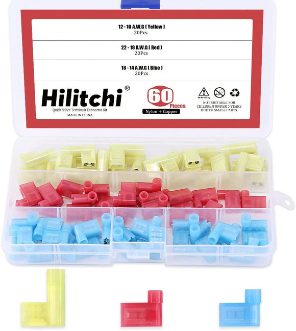 Hilitchi 60pcs 22-18 18-14 12-10 Gauge Nylon Flag Spade Female Insulated Quick Disconnects Electrical Crimp Terminals Connector Assortment Set