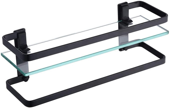 KES Bathroom Shelf Extra 8 MM-Thick Tempered Glass with Anodized Aluminum Towel Bar and Rail Storage Organizer Retangular Rustproof Wall Mount Black, A4127A-BK