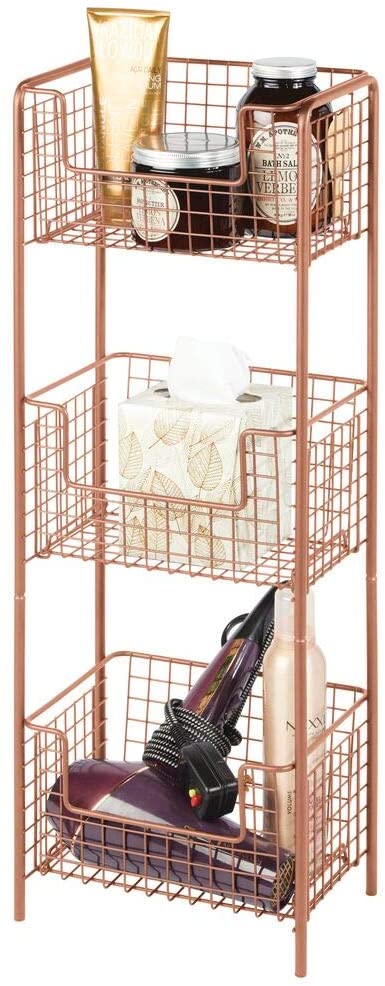 mDesign 3 Tier Vertical Standing Bathroom Shelving Unit, Decorative Metal Storage Organizer Tower Rack Center with 3 Basket Bins to Hold and Organize Bath Towels, Hand Soap, Toiletries - Copper