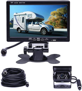 Camecho Vehicle Backup Camera 7" TFT Monitor,18 IR Night Vision Rear View Camera Without Gride Line IP 68 Waterproof, 4 Pins Aviation Extension Cable for 33FT Length RVs, Bus, Trailer,Truck