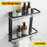 BESy Heavy Duty Lavatory Glass Bathroom Shelf, 2 Tier Tempered Glass Shower Shelves with Towel Bar Wall Mounted, Shower Storage 15 by 5 inches, Matte Black Finish/Aluminum