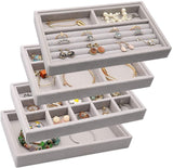 Velvet Jewelry Drawer Inserts Trays, Earring Organizer Stackable Jewelry Display Trays, Box Ring Holder Necklace Case, Storage for Bracelet Brooch Watch, Set of 4 (Gray)