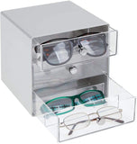 mDesign Stackable Plastic Eye Glass Storage Organizer Box Holder for Sunglasses, Reading Glasses, Accessories - 3 Divided Drawers, Chrome Pulls - Charcoal Gray/Clear