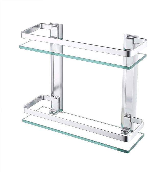 KES Aluminum Bathroom Glass Shelf 2 Tier Tempered Glass Rectangular Double Deck Extra Thick Silver Sand Sprayed Wall Mounted, A4126B