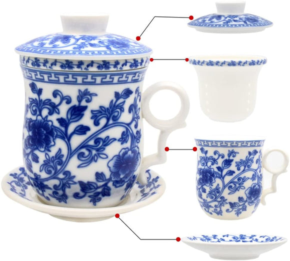 Tea Talent Porcelain Tea Cup with Infuser Lid and Saucer Sets - Chinese Jingdezhen Ceramics Coffee Mug Teacup Loose Leaf Tea Brewing System for Home Office