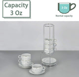 Espresso Mugs Set of 6 with Rack Marble Stackable Espresso Cups with Saucers and Metal Stand Demitasse Cups Designed for Espresso, Latte, Cafe, Mocha 3OZ Gray