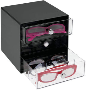 mDesign Stackable Plastic Eye Glass Storage Organizer Box Holder for Sunglasses, Reading Glasses, Accessories - 3 Divided Drawers, Chrome Pulls - Charcoal Gray/Clear