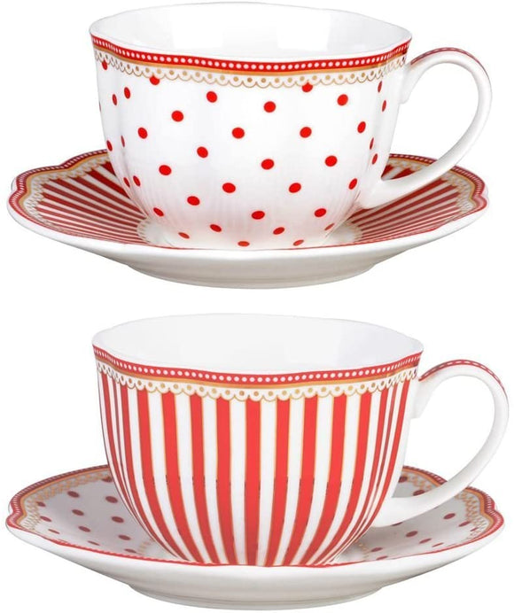 Grace Teaware Red Dot Stripes Scallop 9-Ounce Porcelain Tea/Coffee Cup and Saucer, Set of 2