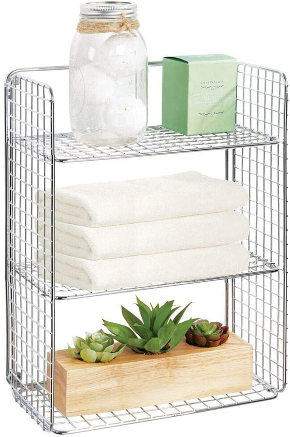 mDesign Tall Metal Wire Farmhouse Wall Decor Storage Organizer Shelf with 3 Levels for Bathroom, Entryway, Hallway, Mudroom, Bedroom, Laundry Room - Wall Mount - Chrome