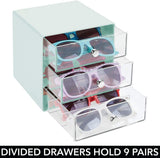 mDesign Stackable Plastic Eye Glass Storage Organizer Box Holder for Sunglasses, Reading Glasses, Accessories - 3 Divided Drawers, Chrome Pulls, 2 Pack - Mint Green/Clear