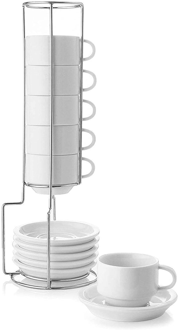 Sweese 404.001 Porcelain Stackable Espresso Cups with Saucers and Metal Stand - 2.5 Ounce for Specialty Coffee Drinks, Latte, Cafe Mocha and Tea - Set of 6, White