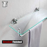 JQK Bathroom Glass Shelf, Shelf with 16 Inch Towel Bar Tempered Glass Shower Storage 16 by 5 inches, 304 Stainless Steel Brushed Finish Wall Mount, TGS100-BN