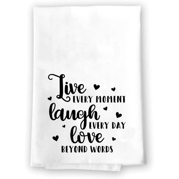 Farmhouse Rustic Kitchen Bathroom Decor | Live Every Moment Laugh Everyday Love Beyond Words | Decorative Microfiber Velour Fabric Hand Towel | Black White Vintage Home Theme Accessories | Dish Tea