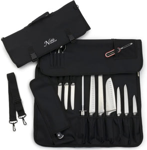 Chef’s Knife Roll Bag (14 slots) Holds 10 Knives PLUS Meat Cleaver, Utility Pocket, AND 4 Tasting Spoons! Our Durable Knife Carrier Includes Shoulder Strap and Name Card Holder. (Knives Not Included)