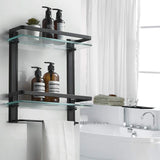 BESy Heavy Duty Lavatory Glass Bathroom Shelf, 2 Tier Tempered Glass Shower Shelves with Towel Bar Wall Mounted, Shower Storage 15 by 5 inches, Matte Black Finish/Aluminum