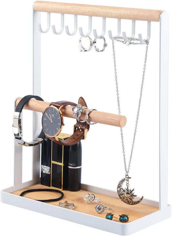 Portin Jewelry Organizer Display Stand Holder with Wooden Ring Tray and Hooks Storage Necklaces Bracelets, Rings, Watches Metal Desk Organizer Stand