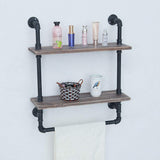 Industrial Bathroom Shelves Wall Mounted 2 Tiered,Rustic 24in Pipe Shelving Wood Shelf with Towel Bar,Farmhouse Towel Rack,Metal Floating Shelves Towel Holder,Iron Distressed Shelf Over Toilet