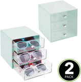 mDesign Stackable Plastic Eye Glass Storage Organizer Box Holder for Sunglasses, Reading Glasses, Accessories - 3 Divided Drawers, Chrome Pulls, 2 Pack - Mint Green/Clear