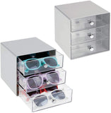 mDesign Stackable Plastic Eye Glass Storage Organizer Box Holder for Sunglasses, Reading Glasses, Accessories - 3 Divided Drawers, Chrome Pulls, 2 Pack - Mint Green/Clear