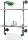 Industrial Bathroom Shelves Wall Mounted 2 Tiered,Rustic 19.68in Pipe Shelving Wood Shelf with Towel Bar,Farmhouse Towel Rack,Metal Floating Shelves Towel Holder,Iron Distressed Shelf Over Toile