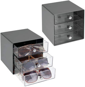 mDesign Stackable Plastic Eye Glass Storage Organizer Box Holder for Sunglasses, Reading Glasses, Accessories - 3 Divided Drawers, Chrome Pulls, 2 Pack - Mint Green/Clear