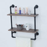 Industrial Bathroom Shelves Wall Mounted 2 Tiered,Rustic 24in Pipe Shelving Wood Shelf with Towel Bar,Farmhouse Towel Rack,Metal Floating Shelves Towel Holder,Iron Distressed Shelf Over Toilet