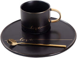 TJ Gobal Porcelain Coffee Mug, Tea Cup with Saucer and Golden Spoon with Gold Scripted Love and Trim for Espresso, Hot Chocolate, Cappuccino, and Latte, 8 Oz. (Black)