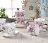 GY 12 PCS Tea Set - 7oz New Bone China tea Cups and Saucers with Pink Flower Pattern Porcelain Cups for Mocha Cappuccino Tea and coffee