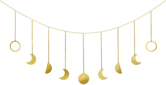 Mkono Moon Phase Wall Hanging Moon Garland Decor Boho Home Decoration Moon Hang Art Ornaments for Bedroom Headboard Living Room Dorm Nursery Apartment Office, Gold, 53